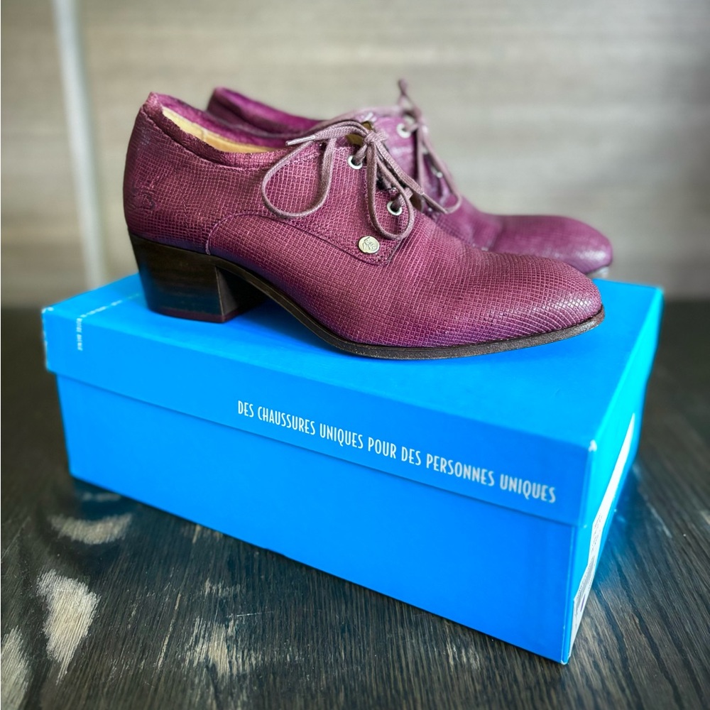John Fluevog Passage Patuxai Purple Leather Lase Up Heels